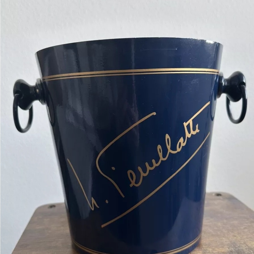 Vintage French NICOLAS FEUILLATE Champagne Metal Ice Bucket Navy & Gold Letter